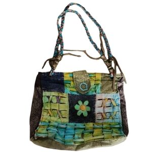 Boho Patchwork Shoulder Bag Multicolor Woven Lattice & Daisy Appliqué